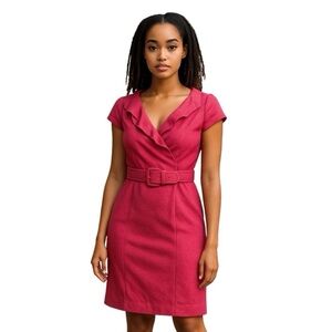 Kay Unger Dress Pink 100% Silk Raw Capped Sleeve Fully Lined Ruffled Neckline